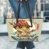 Cute cartoon frog eating ramen shown in a full body shot leaather tote bag