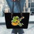 Cute cartoon frog playing guitar in a simple drawing leaather tote bag