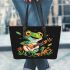 Cute cartoon frog playing guitar in a simple flat style design leaather tote bag