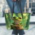 Cute cartoon frog sitting on a tree stump leaather tote bag leaather tote bag