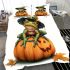 Cute cartoon frog wearing a witch hat sitting on a pumpkin bedding set