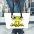 Cute cartoon frog with big eyes leaather tote bag