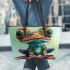 Cute cartoon frog with big eyes leaather tote bag