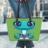 Cute cartoon frog with big eyes wearing sneakers leaather tote bag