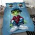Cute cartoon green frog sitting on top of white sneakers bedding set