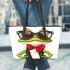 Cute cartoon green frog wearing sunglasses leaather tote bag