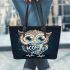 Cute cartoon owl holding a coffee cup leather tote bag