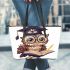 Cute cartoon owl wearing glasses and graduation hat leather tote bag