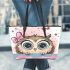 Cute cartoon owl with a pink bow on its head leather tote bag