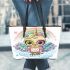 Cute cartoon owl with big eyes leather tote bag