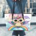 Cute cartoon owl with big eyes wearing a colorful leather tote bag