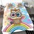 Cute cartoon owl with big eyes wearing a colorful bedding set