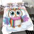 Cute cartoon owl with big eyes wearing a colorful unicorn horn bedding set