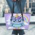 Cute cartoon owl with big eyes wearing an oversized sweater leather tote bag