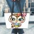 Cute cartoon owl with leopard headband and colorful cupcake leather tote bag