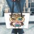 Cute cartoon owl with leopard headband and colorful cupcake leather tote bag