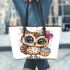 Cute cartoon owl with leopard headband and colorful cupcake leather tote bag