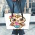 Cute cartoon owl with leopard headband holding leather tote bag