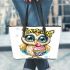 Cute cartoon owl with leopard headband holding leather tote bag