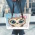 Cute cartoon owl with pink bow on head leather tote bag