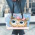 Cute cartoon owl with pink bow on head leather tote bag