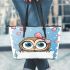 Cute cartoon owl with pink bow on head leather tote bag