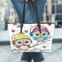 Cute cartoon owls with colorful hats and headphones leather tote bag