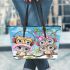 Cute cartoon owls with different hats leather tote bag