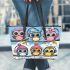 Cute cartoon owls with different hats leather tote bag