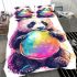 Cute cartoon panda bear holding a rainbow colored bedding set