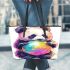 Cute cartoon panda bear holding a rainbow colored leather tote bag