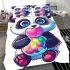 Cute cartoon panda holding a colorful bubble bedding set