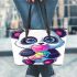 Cute cartoon panda holding a colorful bubble leather tote bag