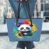 Cute cartoon panda in the style of rainbow paint splash leather tote bag