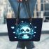 Cute cartoon panda listening to music on headphones leather tote bag