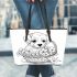 Cute cartoon puppy sitting in flower basket coloring leather tote bag