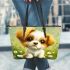 Cute cartoon puppy sitting on the grass leather tote bag