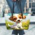 Cute cartoon puppy sitting on the grass leather tote bag