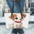 Cute cartoon puppy sitting with red collar leather tote bag