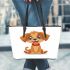 Cute cartoon puppy sitting with red collar leather tote bag