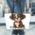 Cute cartoon puppy sitting with red collar leather tote bag