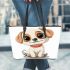 Cute cartoon puppy sitting with red collar leather tote bag