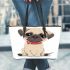 Cute cartoon puppy sitting with red collar leather tote bag