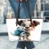 Cute cartoon puppy with a blue backpack leather tote bag