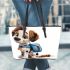 Cute cartoon puppy with a blue backpack leather tote bag