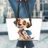 Cute cartoon puppy with a blue backpack leather tote bag