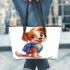 Cute cartoon puppy with a blue backpack leather tote bag