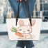 Cute cartoon rabbit holding a carrot leather tote bag