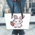 Cute cartoon rabbit holding a carrot in a simple leather tote bag