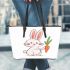 Cute cartoon rabbit holding a carrot in a simple leather tote bag